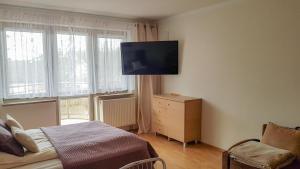 um quarto com uma cama e uma televisão na parede em Apartamenty Agat i Jantar em Świnoujście