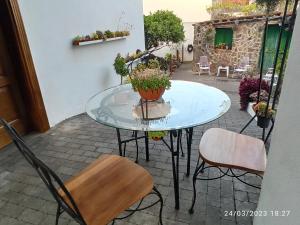 una mesa de cristal con sillas y una maceta en un patio en Casa Magali, en Tacoronte