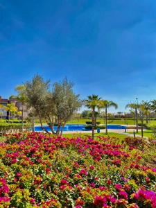a field of flowers in a park with palm trees at Marrakech golf City prestigia in Marrakesh