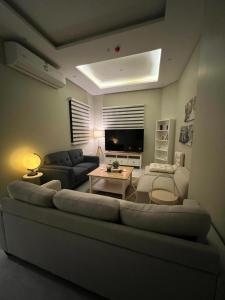 شقة حديثه حي النرجس تسجيل ذاتي في الرياض: غرفة معيشة مع أريكة وتلفزيون