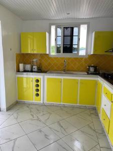 een keuken met gele kasten en een tegelvloer bij MAHOGANY in Le Vauclin