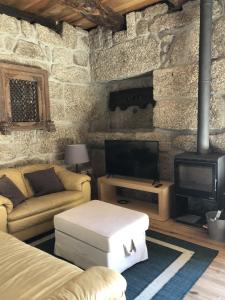 a living room with a fireplace and a couch and a tv at Vila Cavalica in Bustelo