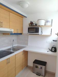 a kitchen with a sink and a microwave at Acogedor Apartamento in Quito