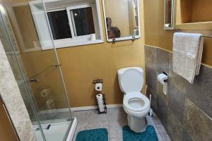 a small bathroom with a toilet and a shower at Chesskings Guest House - Unit 2 in Winnipeg