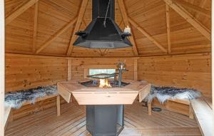 Großes Zimmer mit Kamin in einer Holzhütte in der Unterkunft Amazing Home In rsted With Kitchen in Ørsted