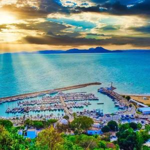 una vista aérea de un puerto deportivo con barcos en el agua en La deuxième perla sidi bou said en Sidi Bou Saïd