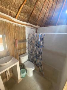La salle de bains est pourvue de toilettes, d'un lavabo et d'une douche. dans l'établissement Cabañas Cinco Elementos, à Celestún