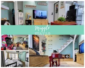 a collage of photos of a living room with a staircase at Muggle Stay Guest House - Bonifacio Global City Taguig in Manila