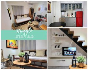 a collage of three pictures of a living room and kitchen at Muggle Stay Guest House - Bonifacio Global City Taguig in Manila