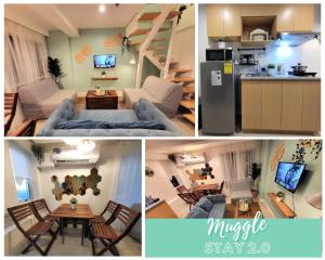 a collage of three pictures of a kitchen and a living room at Muggle Stay Guest House - Bonifacio Global City Taguig in Manila