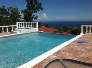 a swimming pool with the ocean in the background at Hibiscus Cottage in Belle Air Summit
