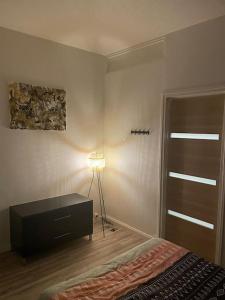 1 dormitorio con 1 cama, vestidor y lámpara en Appartement au pied de la gare, en Noisy-le-Sec