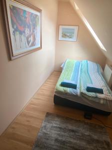 a small bedroom with a bed and a rug at Újszerű, jól felszerelt lakás a város szîvében, ingyenes parkolással! in Debrecen