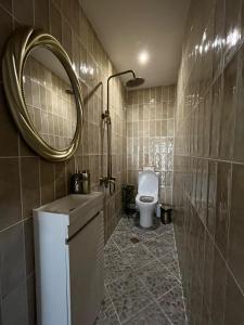 a bathroom with a toilet and a mirror at Белият кът in Sapareva Banya