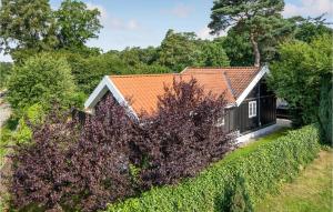 une petite maison avec un toit orange à côté d'une haie dans l'établissement Cozy Home In Hornbk With Kitchen, à Hornbæk