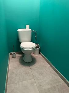 een badkamer met een wit toilet in een blauwe muur bij gîte neuf proche de la plage in Oye-Plage