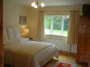 - une chambre avec un grand lit et une fenêtre dans l'établissement Forest Park House B&B, à Boyle