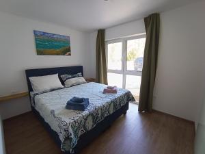 普利拉卡的住宿－Aparthotel Dalmacija，一间卧室设有一张床和一个大窗户