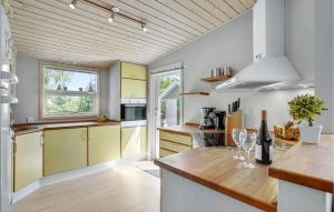 a kitchen with yellow cabinets and a wooden ceiling at Pet Friendly Home In Væggerløse in Marielyst