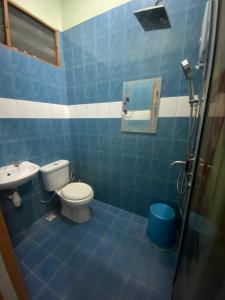 W wyłożonej niebieskimi kafelkami łazience znajduje się toaleta i umywalka. w obiekcie 192 homestay w mieście Alor Setar