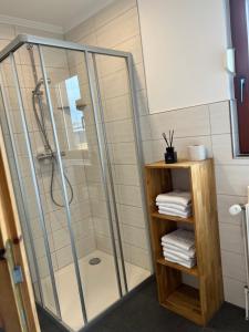 een douche met een glazen deur in de badkamer bij Ferienhaus in absoluter Seenähe für 4 Personen in Arendsee