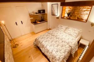 een slaapkamer met een bed in een kamer bij Studio rénové avec patio, coeur du centre ville in Besançon