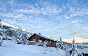 a log cabin in the snow with snow covered trees at Nice Home In Straumgjerde With Kitchen in Brunstad