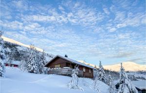 a log cabin in the snow with snow covered trees at Awesome Home In Straumgjerde With 3 Bedrooms in Brunstad