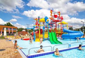un grupo de personas en una piscina en un parque acuático en Złote Krany Apartament Termalny, en Uniejów