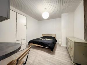 ein Schlafzimmer mit einem Bett und einer Kommode in der Unterkunft Appart chartreux baignoire massante ,à 2 minutes du centre! in Voiron