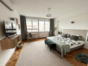 ブダペストにあるCentral Apartment - Museum Viewのベッドルーム1室(ベッド1台、デスク付)