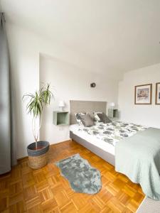 ブダペストにあるCentral Apartment - Museum Viewのベッドルーム(ベッド1台、鉢植えの植物付)