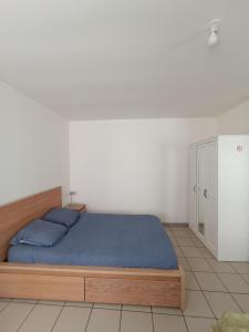 1 dormitorio con 1 cama con sábanas azules y armario en Superbe studio cosy spacieux au rez de chaussée, en Denain