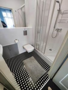 y baño con ducha, aseo y alfombra. en Apartamenty Duo, en Poznan