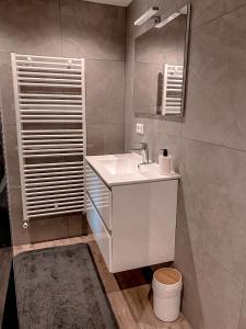 a bathroom with a white sink and a mirror at Zwikker aan de Haven in Lelystad