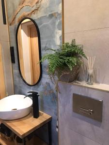 a bathroom with a sink and a mirror at Gorczańska Chatka in Osobie