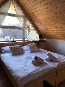 a large bed in a room with a large window at Mała Gorczańska Chatka in Ochotnica Dolna