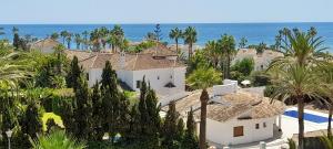 マルベーリャにあるMarbella. Playa Alicateのヤシの木と海の広い白い家