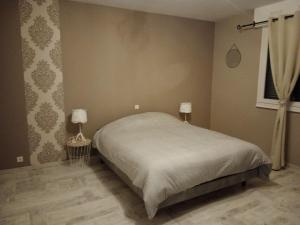 1 dormitorio con 1 cama y 2 lámparas. en Au répit centre Thermes Luxeuil T3, en Luxeuil-les-Bains