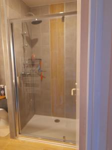 um chuveiro com uma porta de vidro na casa de banho em La Mare aux Fées em Huelgoat