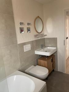 uma casa de banho com um lavatório, um WC e um espelho. em Freigeist Apartments em Haßloch