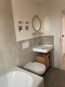 a bathroom with a sink and a toilet and a mirror at Freigeist Apartments in Haßloch
