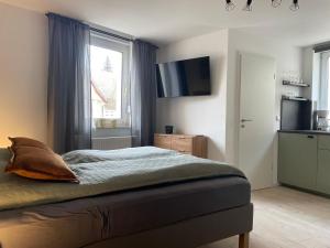 een slaapkamer met een bed en een televisie aan de muur bij Freigeist Apartments in Haßloch