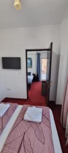 sypialnia z 2 łóżkami i lustrem w obiekcie RIA Room - Apartemente 9 w mieście Băile Felix