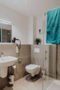 ein Bad mit einem WC, einem Waschbecken und einer Dusche in der Unterkunft Pascals Ruhestube in Mörsdorf