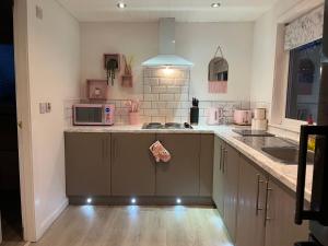 a kitchen with a sink and a microwave at The Cabin with optional Hot Tub Projector DEPOSIT REQUIRED FOR PROJECTOR in Bonnybridge
