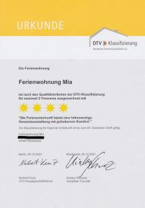 Certifikát, hodnocení, plakát nebo jiný dokument vystavený v ubytování 4****Sterne Ferienwohnung Mia DTV Klassifizierung