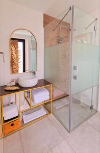 a bathroom with a glass shower and a sink at OPUNTIA Hotel Boutique in Mijas