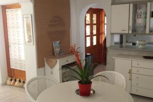 una cocina con una mesa con una maceta. en Blue Horizon Apartment, en Granada