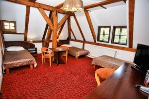 Pokój z krzesłami, stołem i telewizorem w obiekcie Hotel Przy Oślej Bramie - Zamek Książ w Wałbrzychu